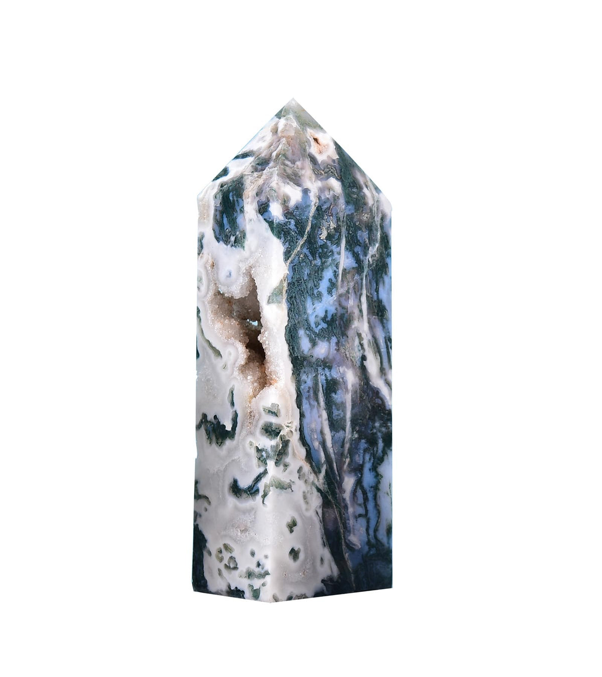 AMOYSTONE moss agate obelisk on display for meditative focus and chakra balancing