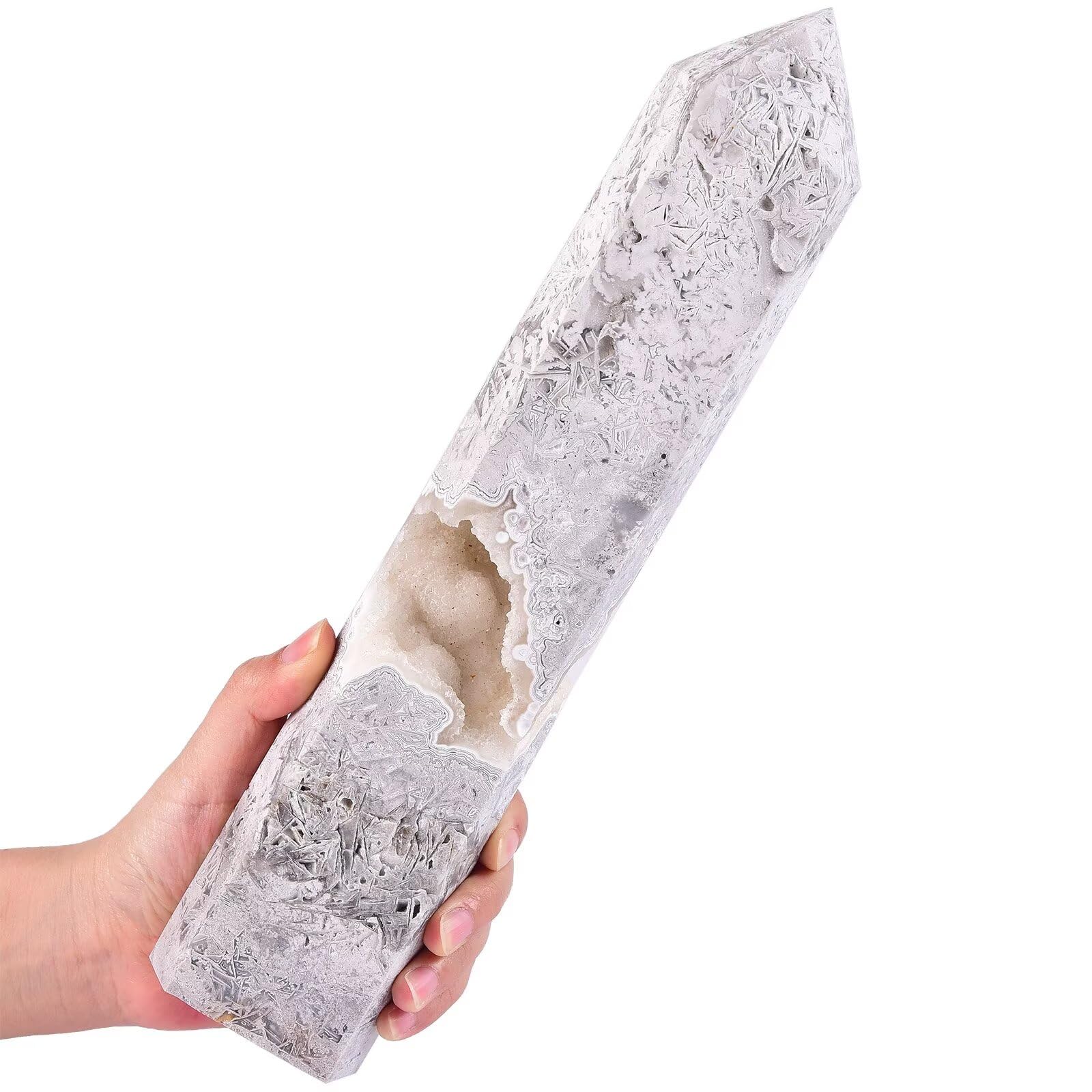 AMOYSTONE 6-faceted obelisk tower displays intricate facets for focused energy