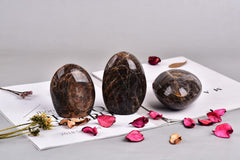 AMOYSTONE black moonstone slab with natural flaws adds rustic charm to display.