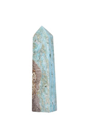 AMOYSTONE blue hemimorphite geode tower side angle showcasing natural color.