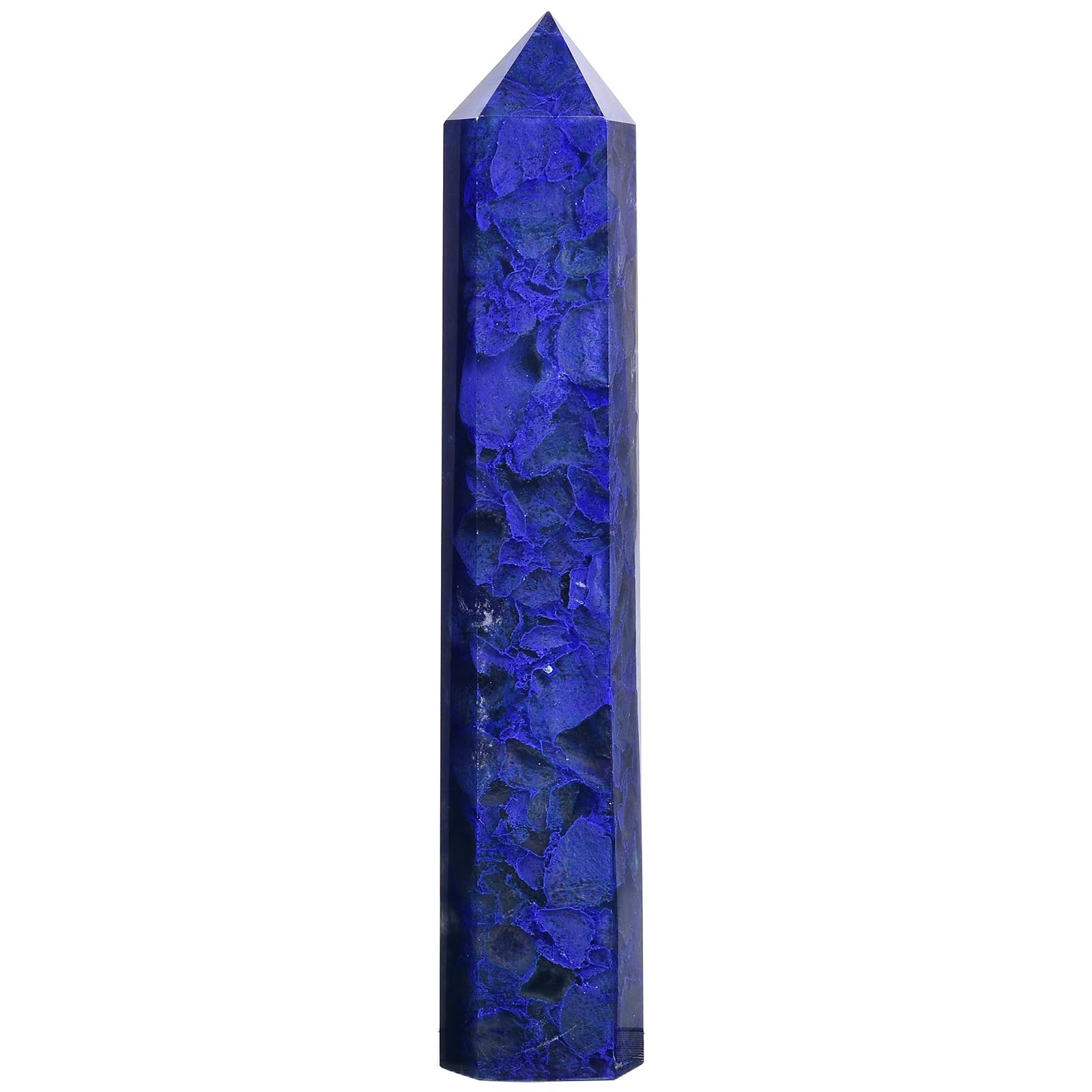AMOYSTONE blue quartz wand, six-faceted obelisk for meditation and energy focus.