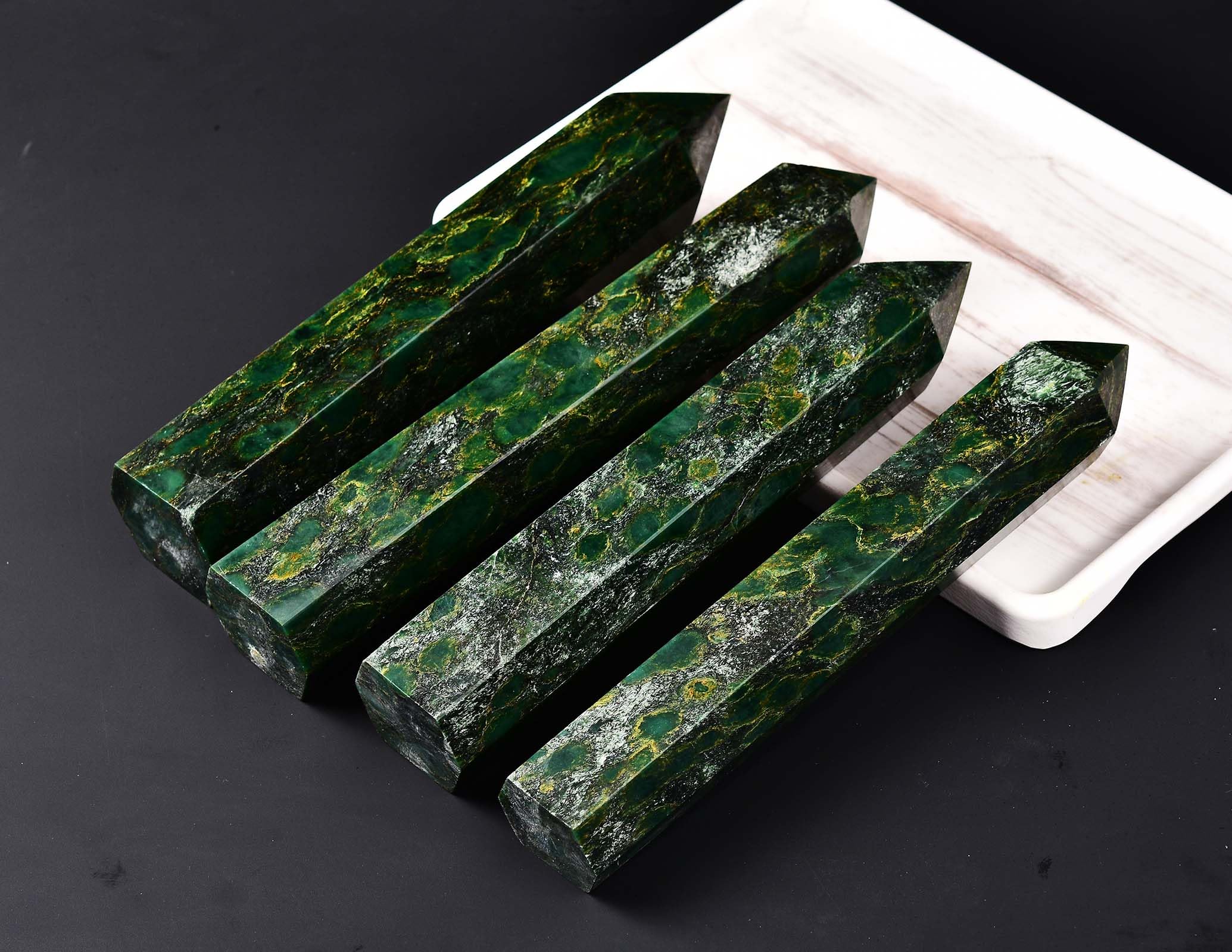 AMOYSTONE emerald green quartz obelisk on meditation altar inspires calm surroundings