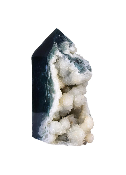 AMOYSTONE extra-large moss agate obelisk with geode cluster on altar for meditation focus