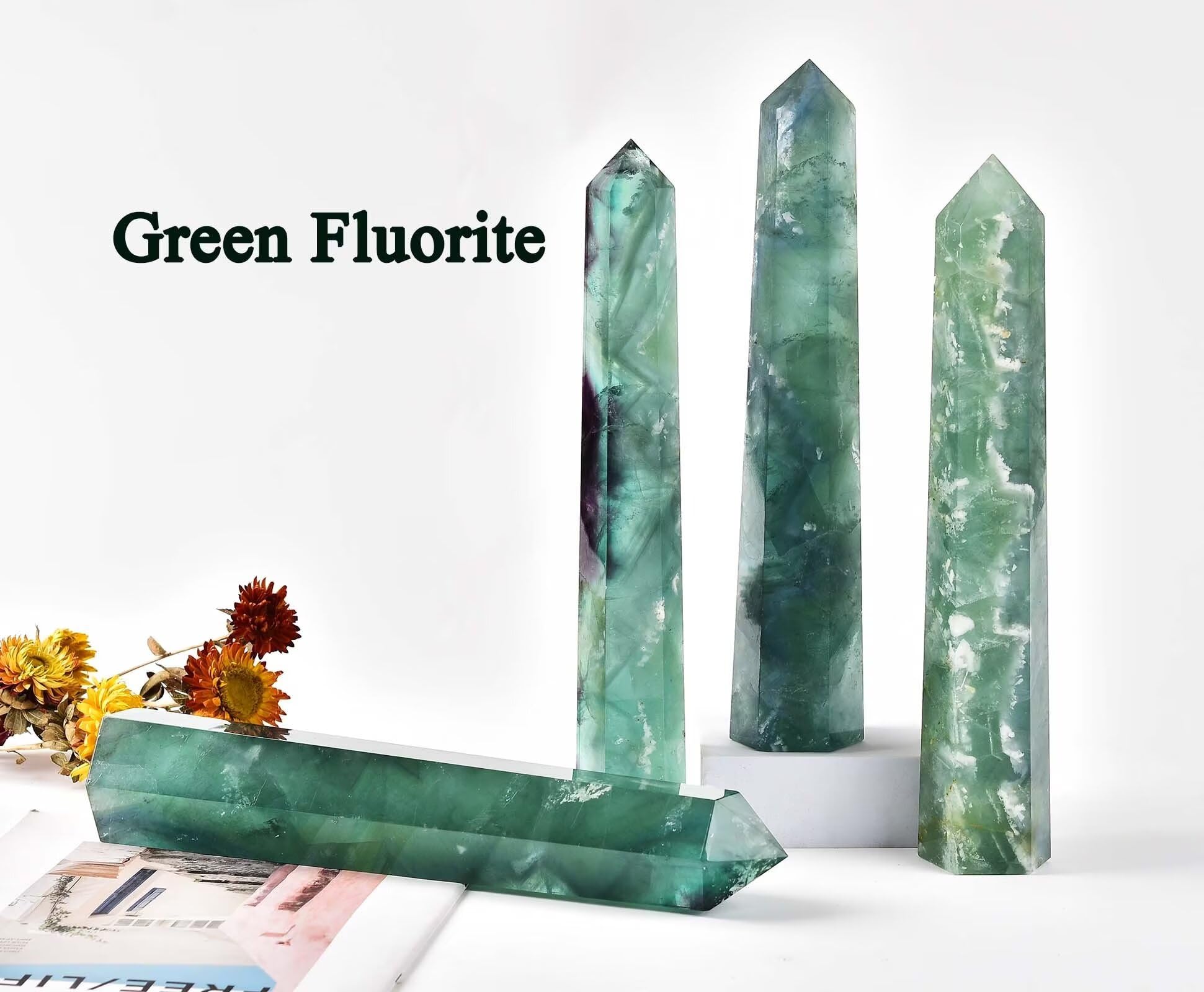 AMOYSTONE green fluorite obelisk wand color-splash display for visual charm