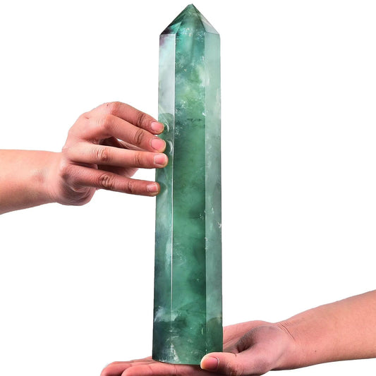 AMOYSTONE green fluorite obelisk wand, front view, highlighting color and energy focus