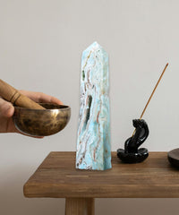 AMOYSTONE hemimorphite blue obelisk base showcases sturdy structure for decor
