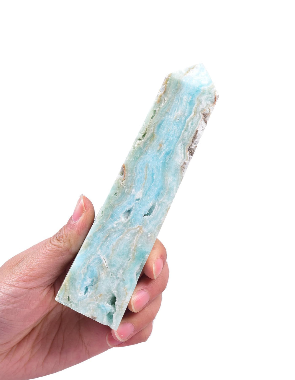 AMOYSTONE hemimorphite obelisk blue closeup highlighting natural facets and energy