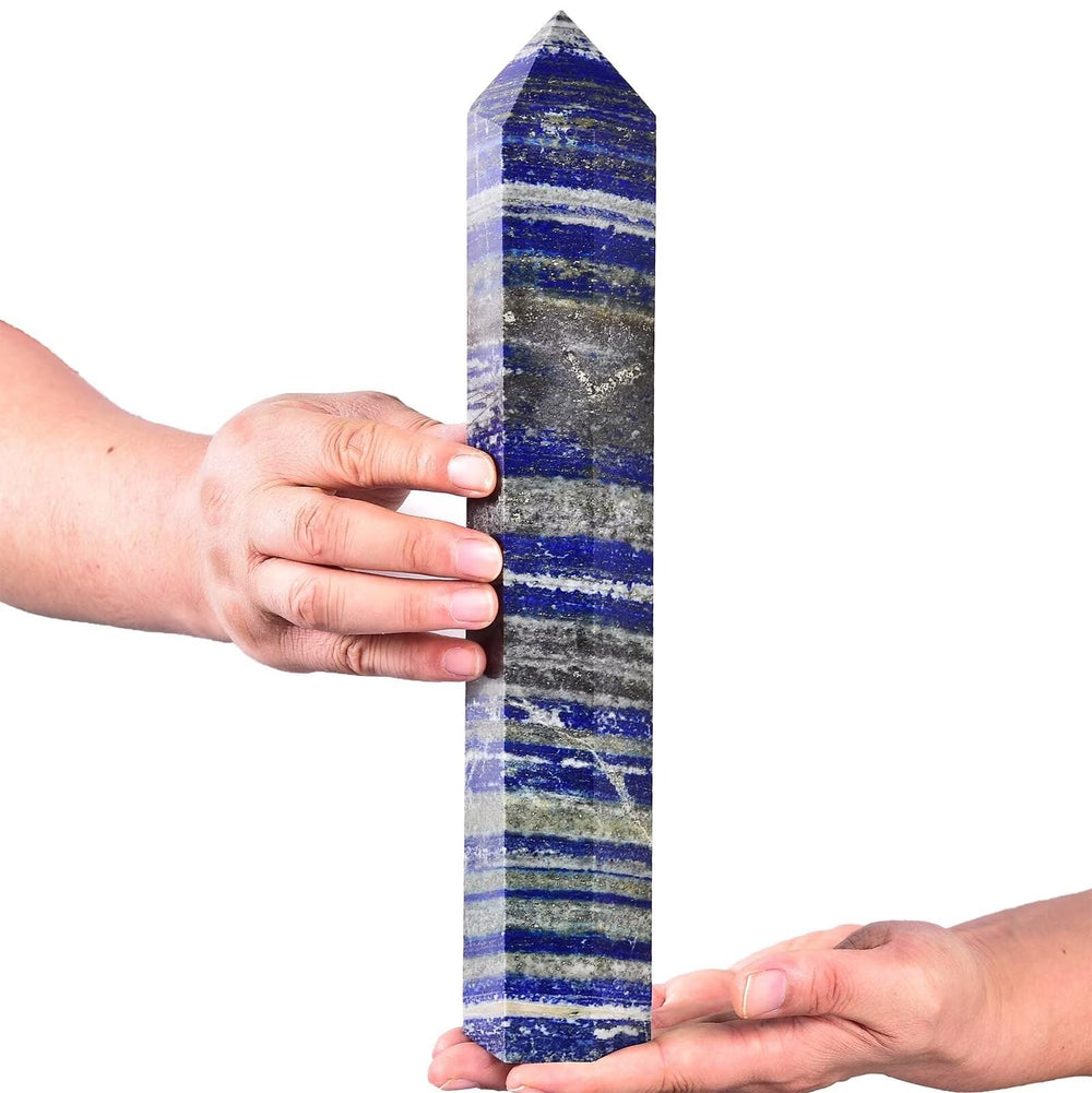 AMOYSTONE Lapis Lazuli Obelisk close up showing natural color variations and facets
