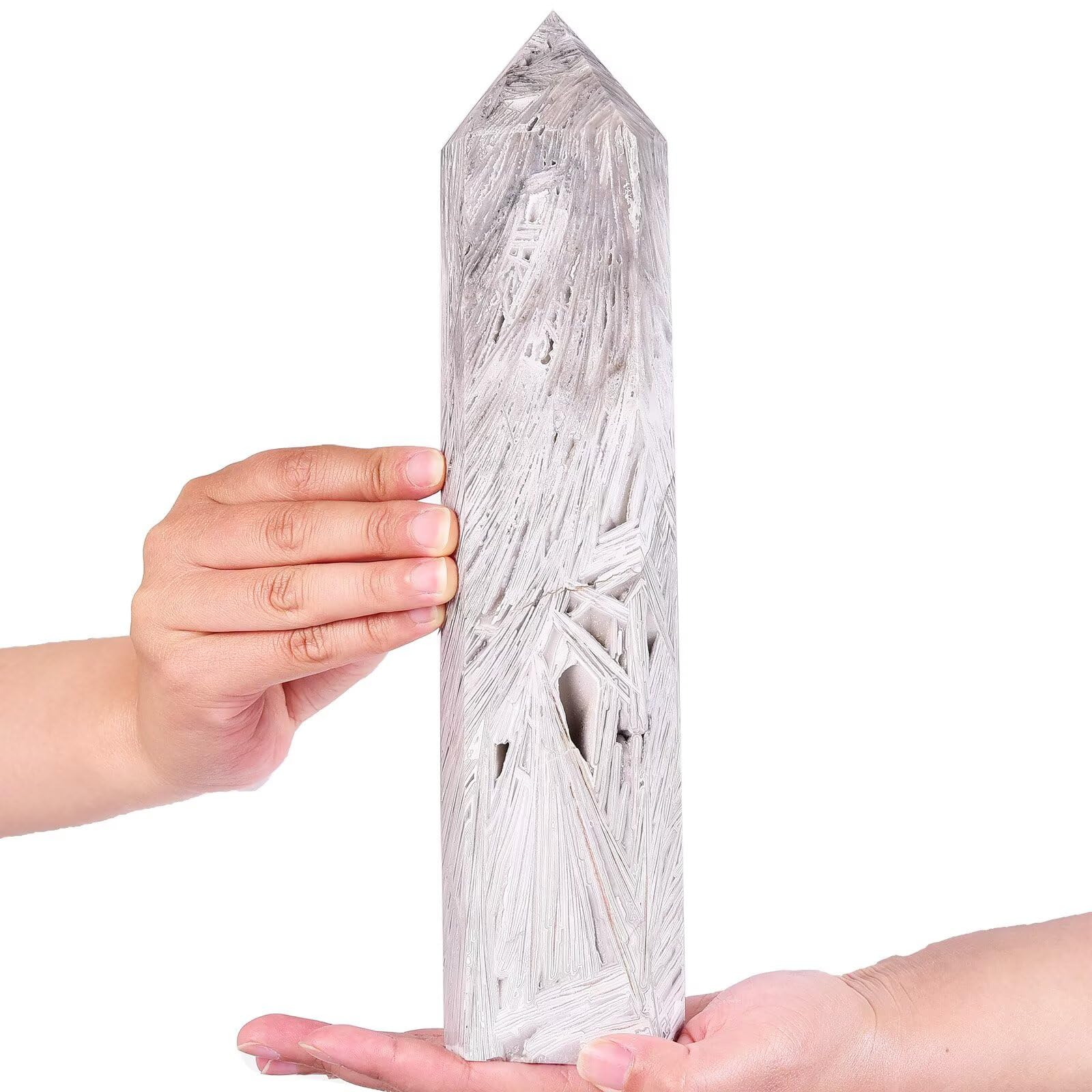 AMOYSTONE large Mexican white agate wand closeup highlights natural texture and polish