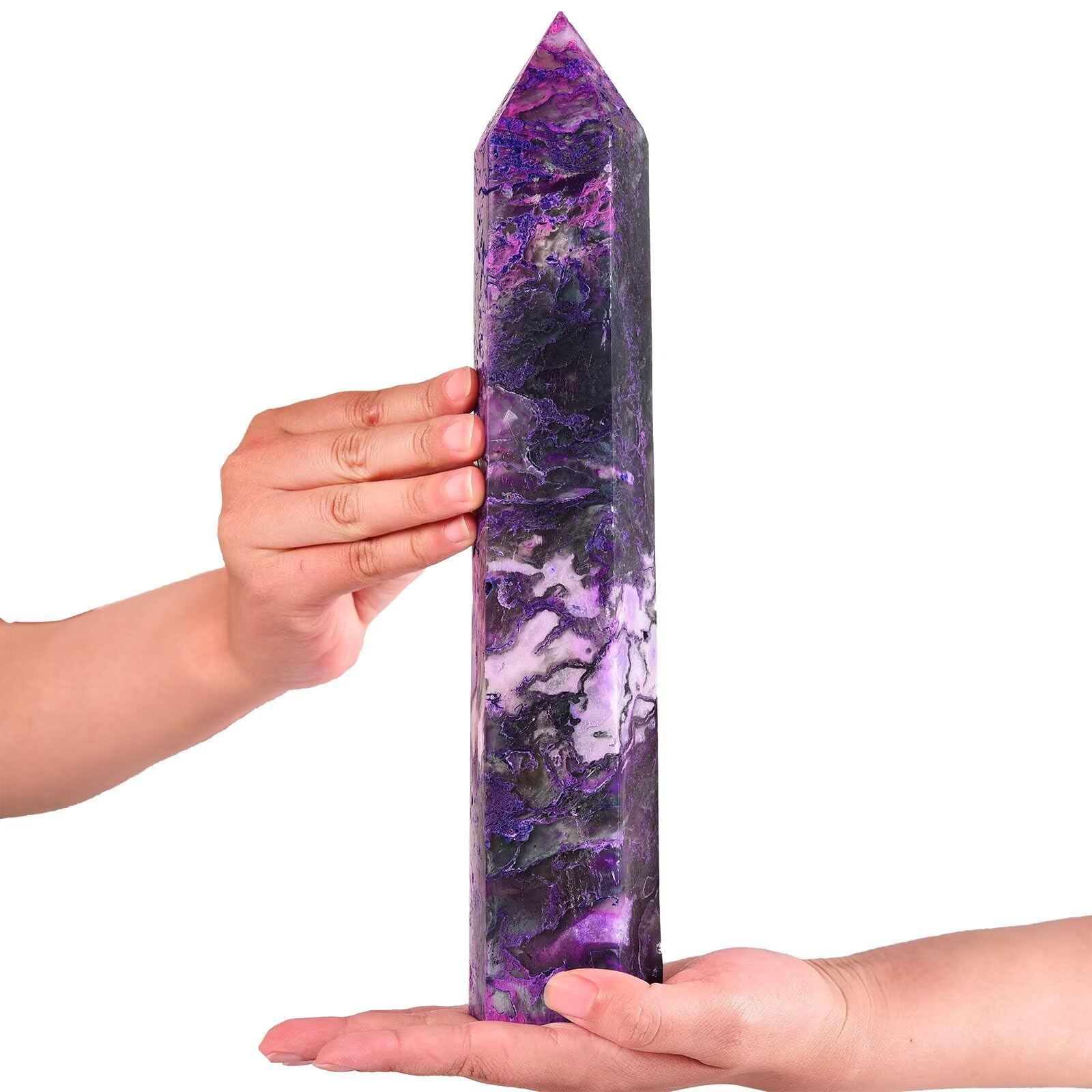 AMOYSTONE large purple moss agate tower viewed from above for calming meditation energy