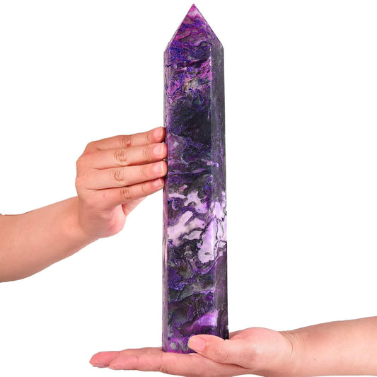 AMOYSTONE large purple moss agate tower viewed from above for calming meditation energy
