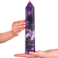 AMOYSTONE large purple moss agate tower viewed from above for calming meditation energy