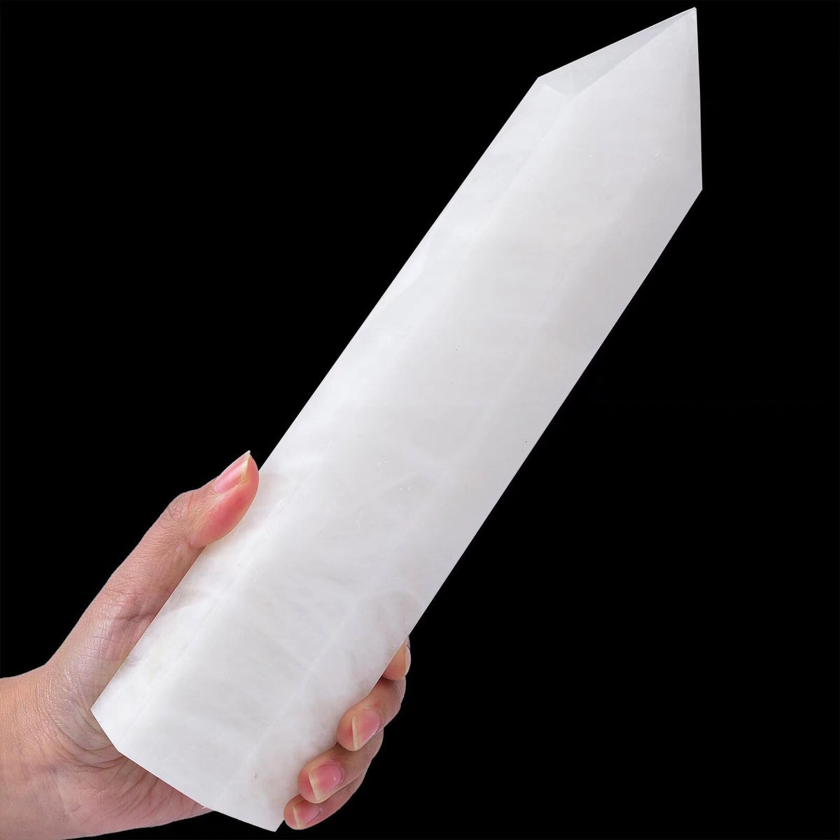 AMOYSTONE large white quartz wand from front view, ideal for meditation and chakra balance