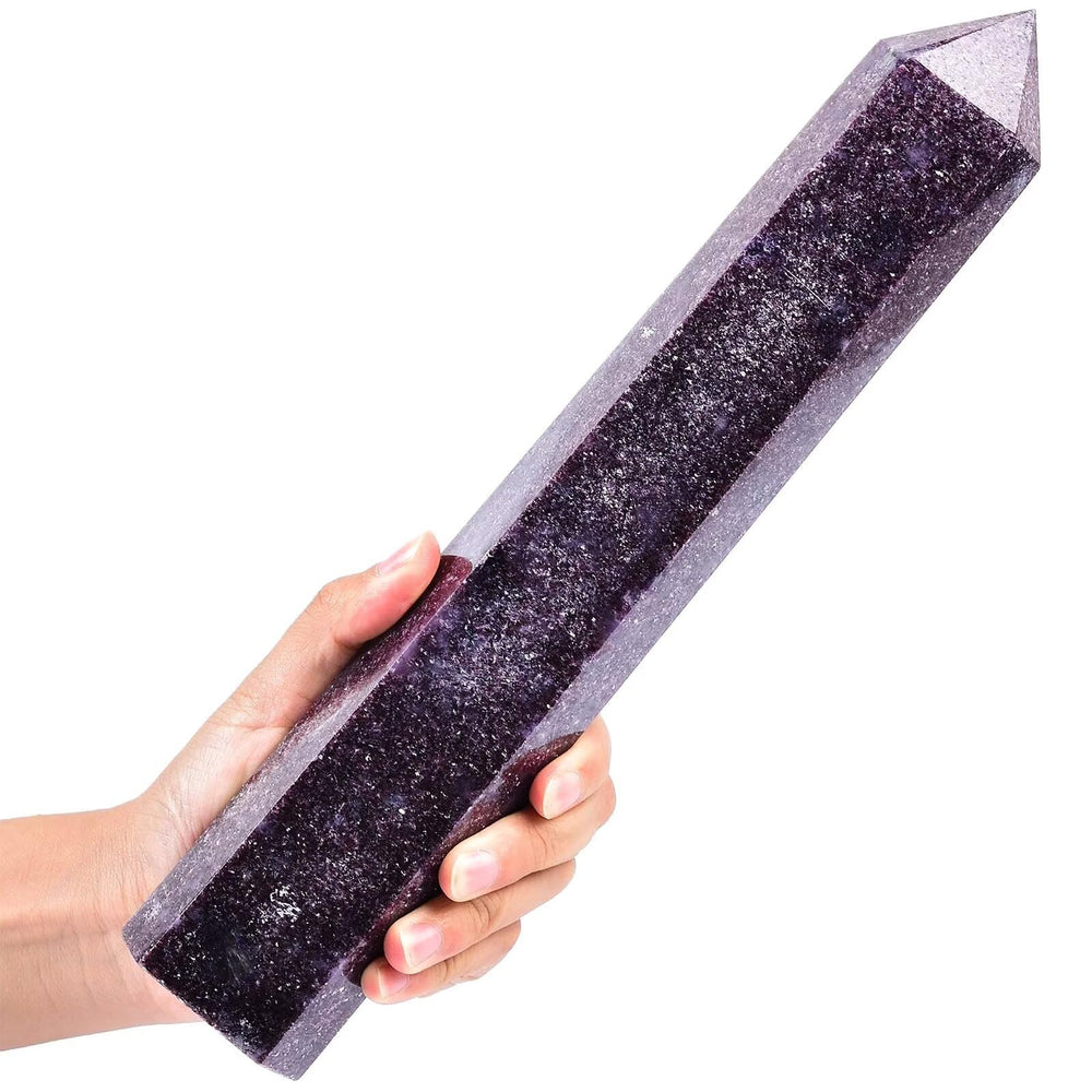 AMOYSTONE Lepidolite wand close-up showcasing the six facets for focused energy