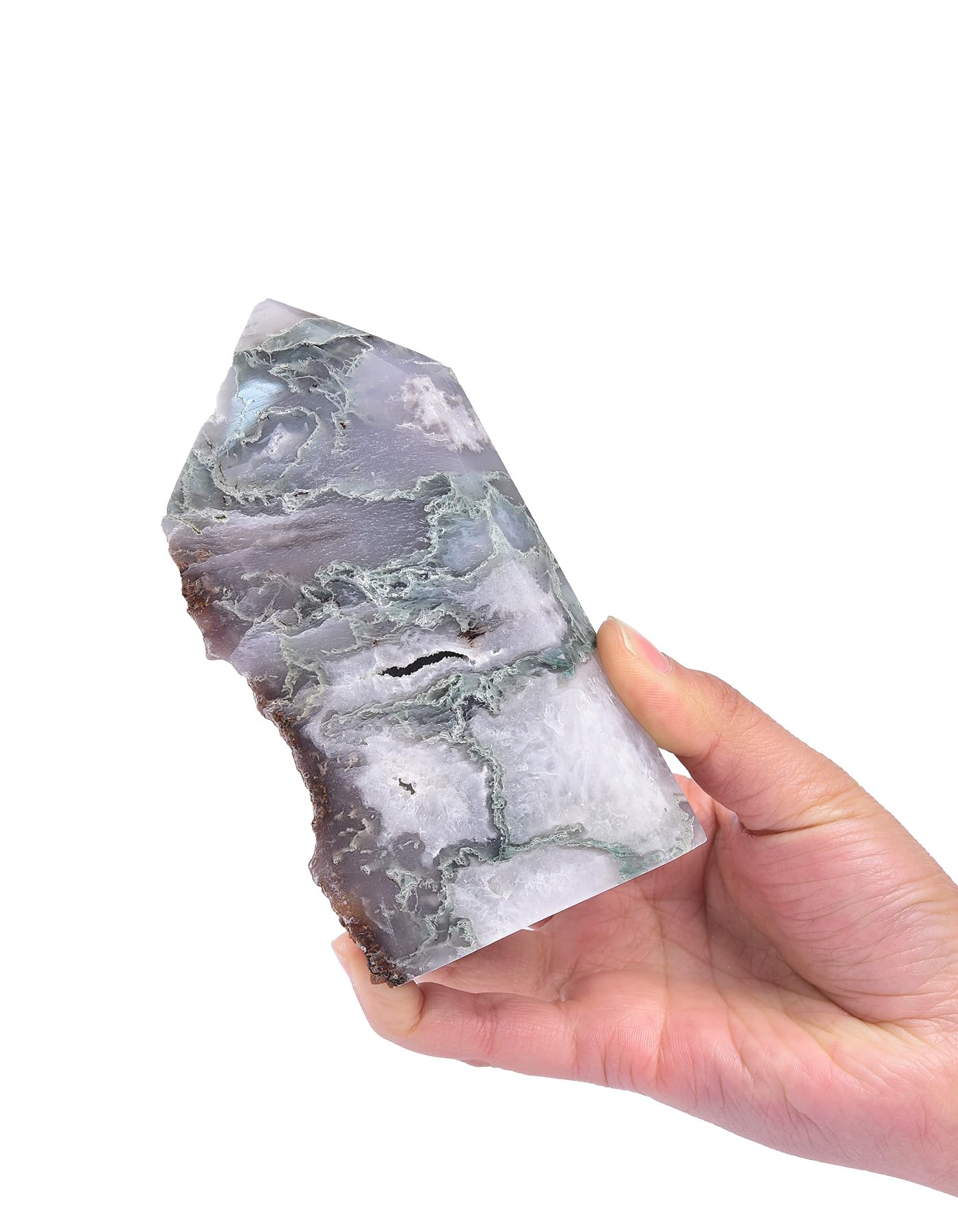 AMOYSTONE moss agate crystal point for meditation and spiritual clarity.