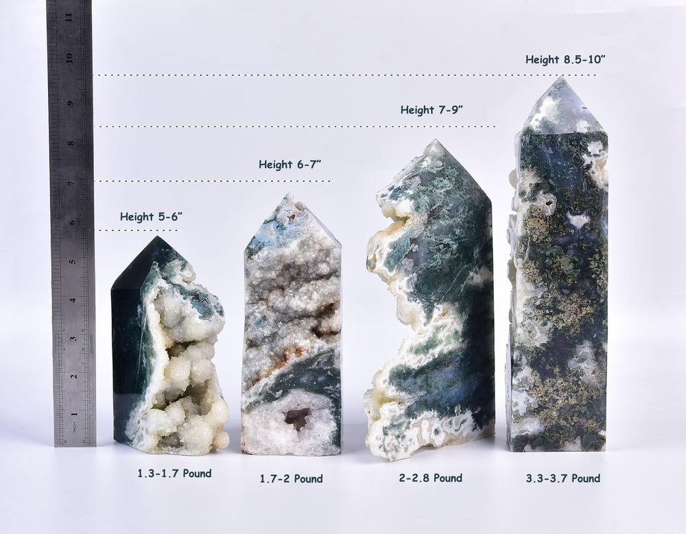 AMOYSTONE moss agate geode tower displayed on altar for reverent display