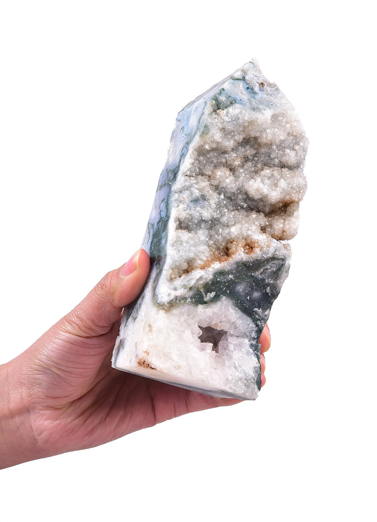 AMOYSTONE moss agate geode tower on a stable base for group ritual work