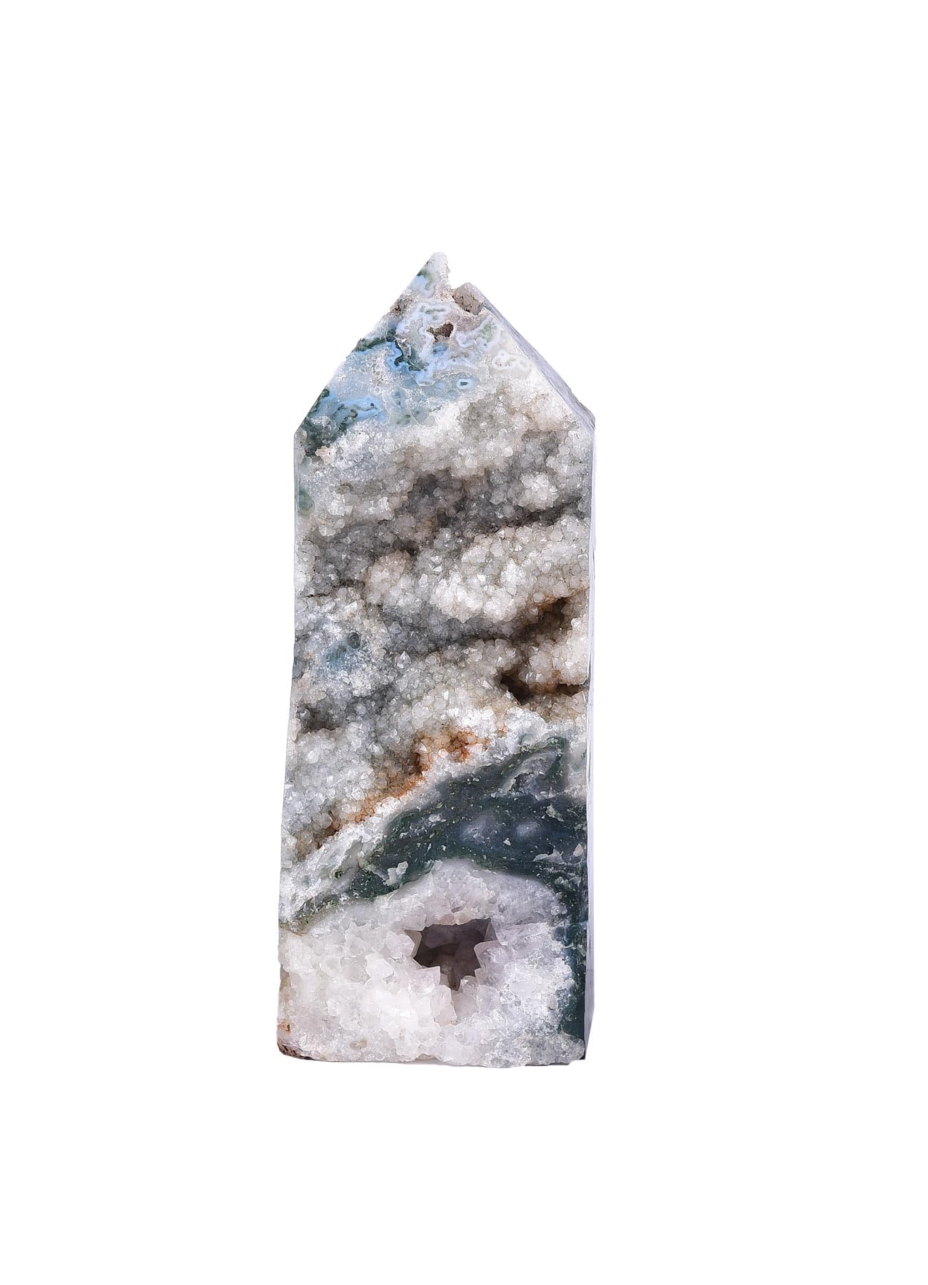 AMOYSTONE moss agate geode tower showcases dendritic patterns for focused meditation