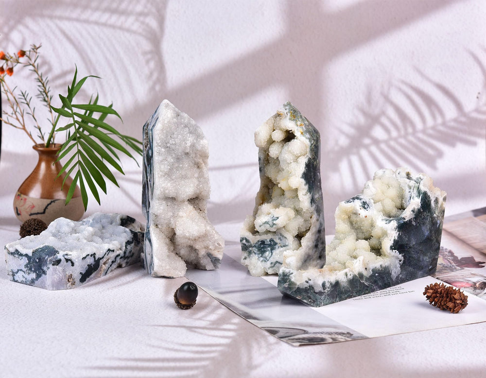AMOYSTONE moss agate geode tower in therapy room for mindful sessions