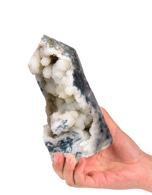 AMOYSTONE moss agate obelisk shown as a portable energy tool for travel sessions