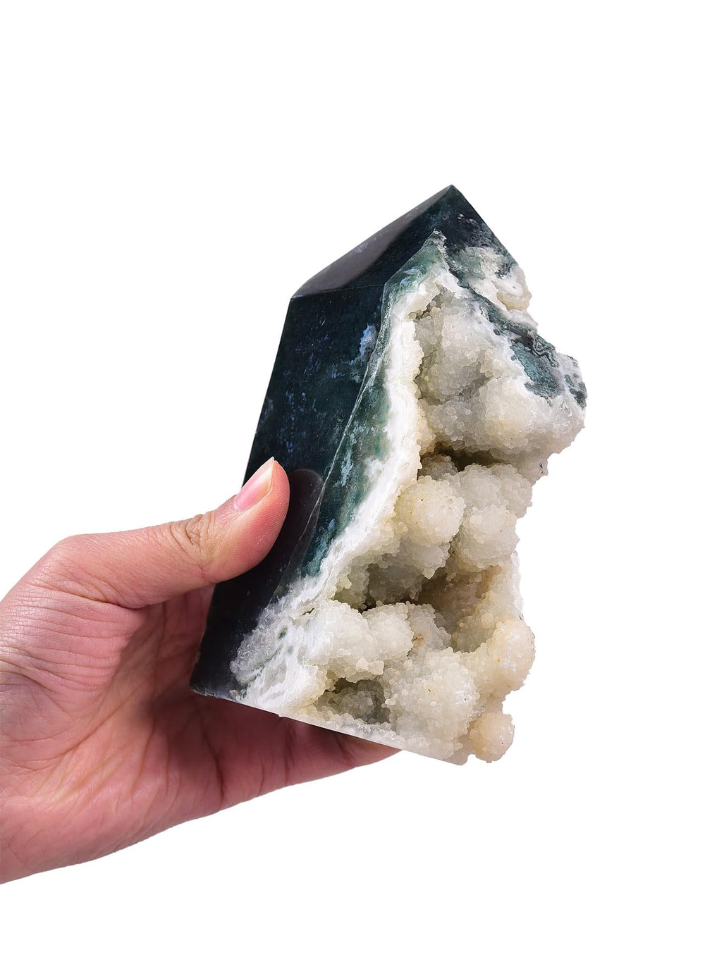 AMOYSTONE moss agate obelisk front view promotes desk energy balance.