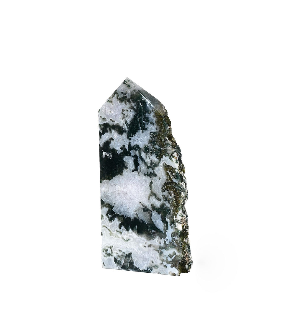 AMOYSTONE moss agate obelisk front view highlighting natural banding for meditation focus