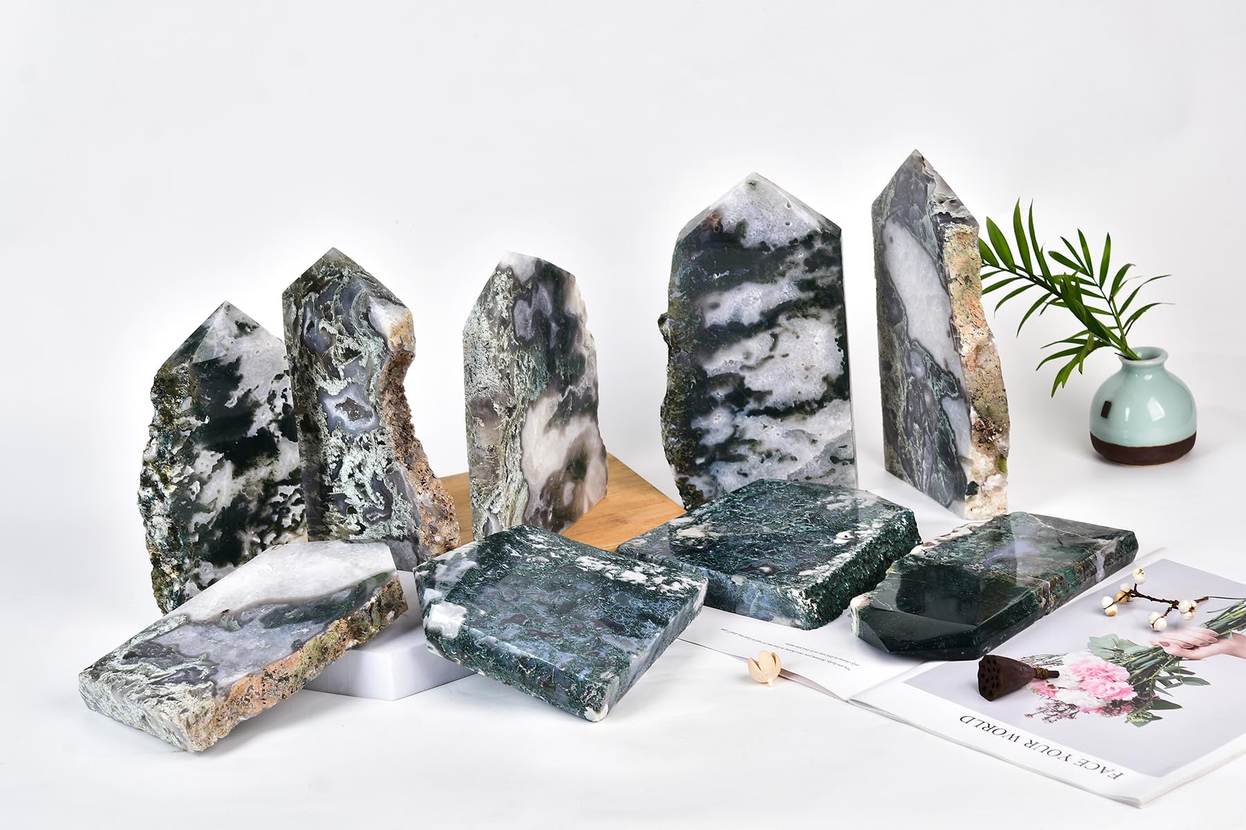 AMOYSTONE moss agate obelisk natural veins add organic character for display