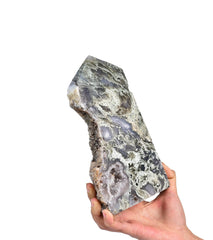 AMOYSTONE moss agate obelisk top view shows symmetry for energy grid setups