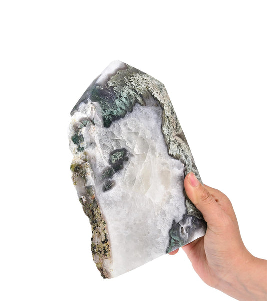 AMOYSTONE moss agate slab with banded greens and browns for energy focus.