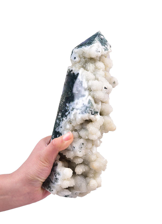 AMOYSTONE moss agate tower on workspace promotes grounding and calm