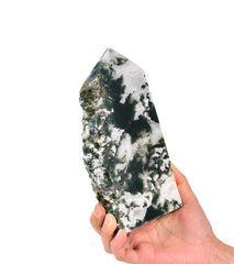 AMOYSTONE Moss Agate Tower top view for focused ritual energy.
