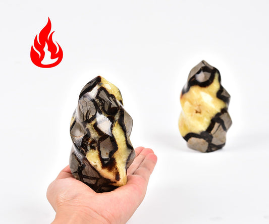 AMOYSTONE Septarian Flame Tower sunlit display showcases warm hues perfect for desk décor