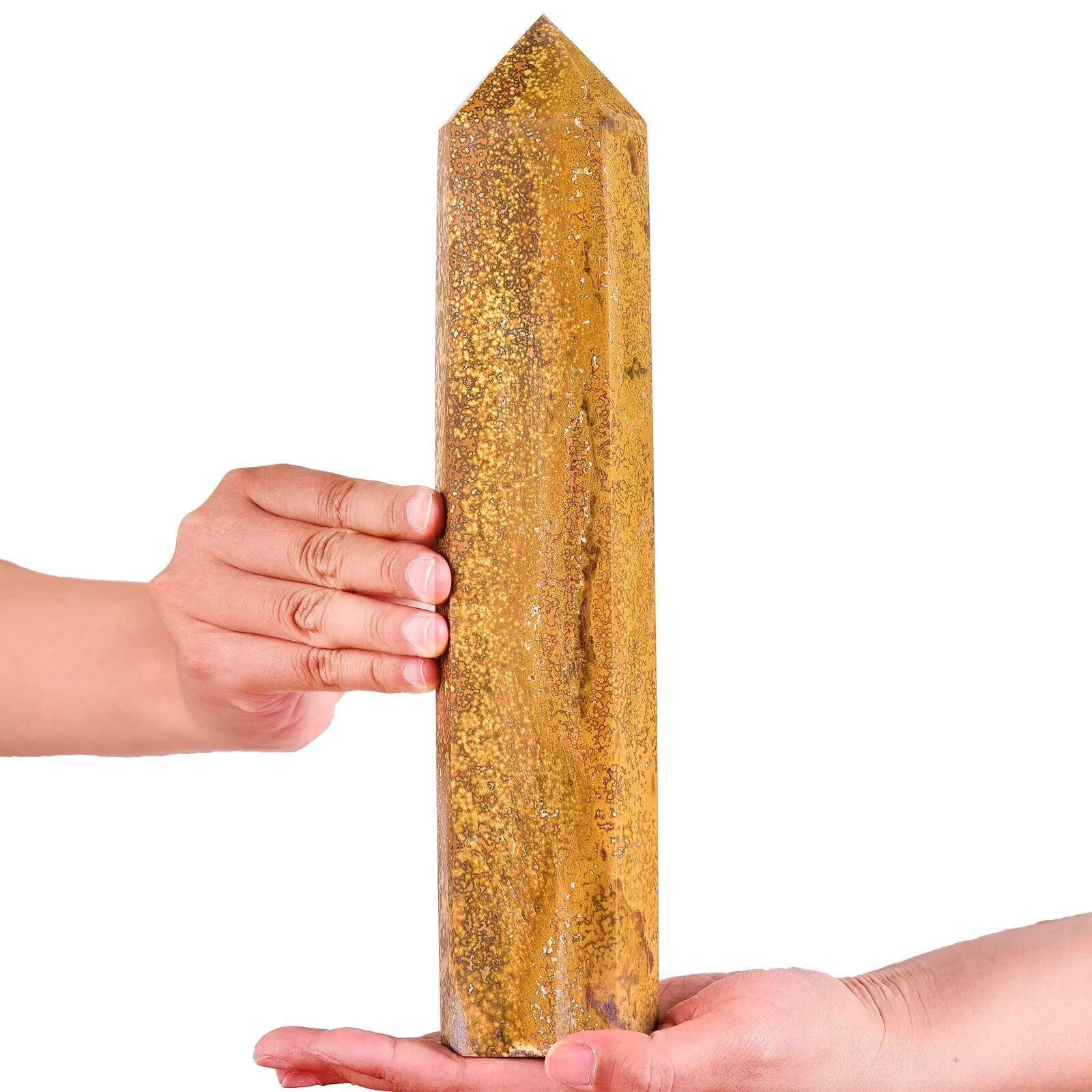 AMOYSTONE six-faceted crystal wand obelisk supports chakra balancing practice.