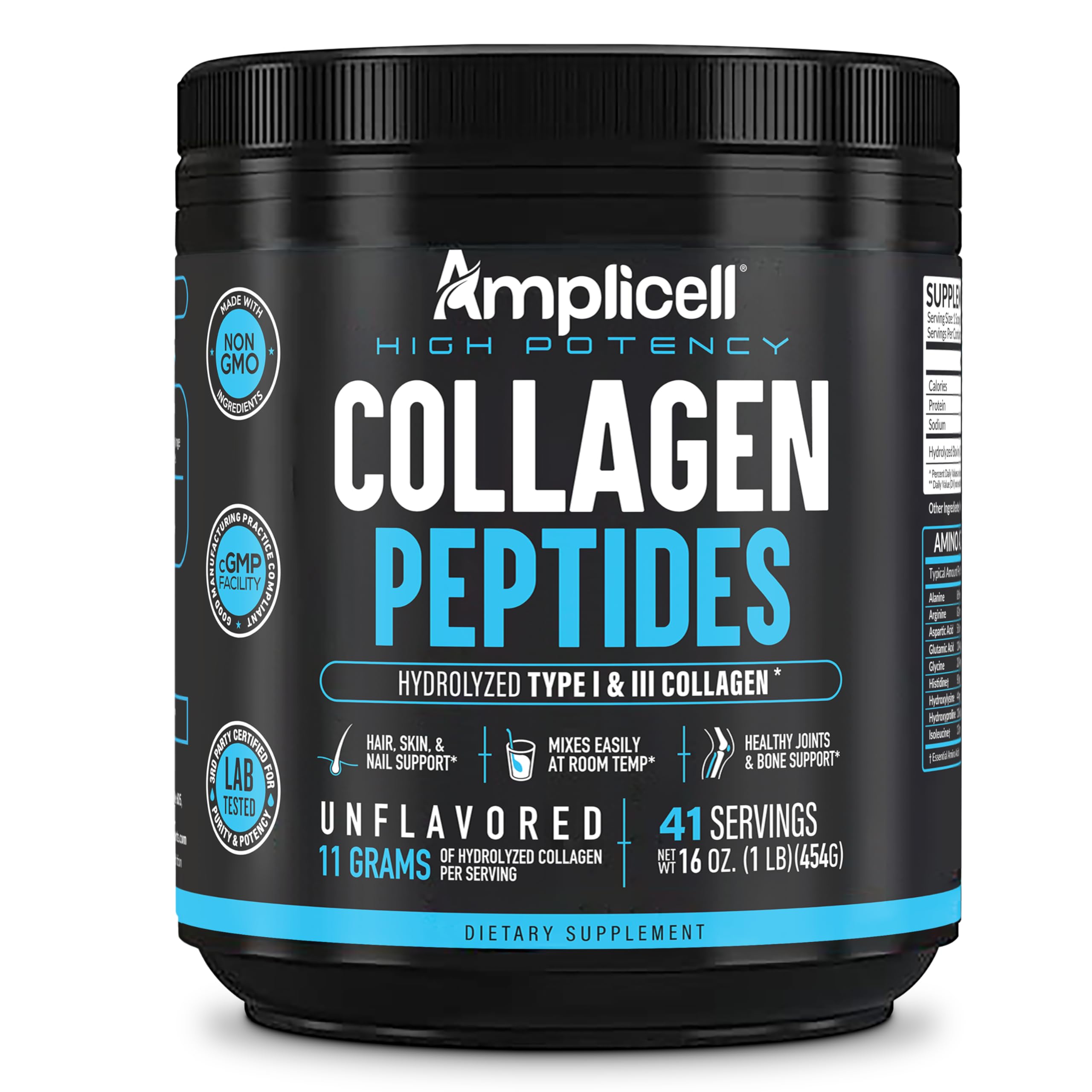Amplicell collagen bottle on kitchen counter with glass of water.