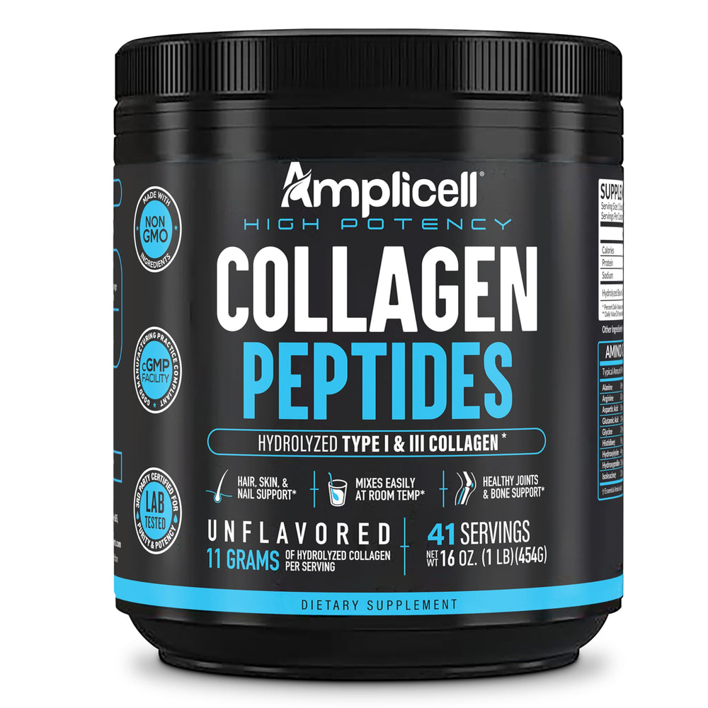 Amplicell collagen bottle on kitchen counter with glass of water.