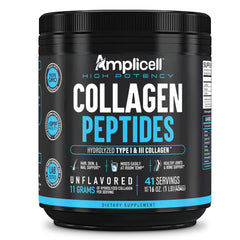 Amplicell collagen bottle on kitchen counter with glass of water.