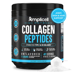 Amplicell bottle with collagen powder label highlighting Type I & III for hair and joints.