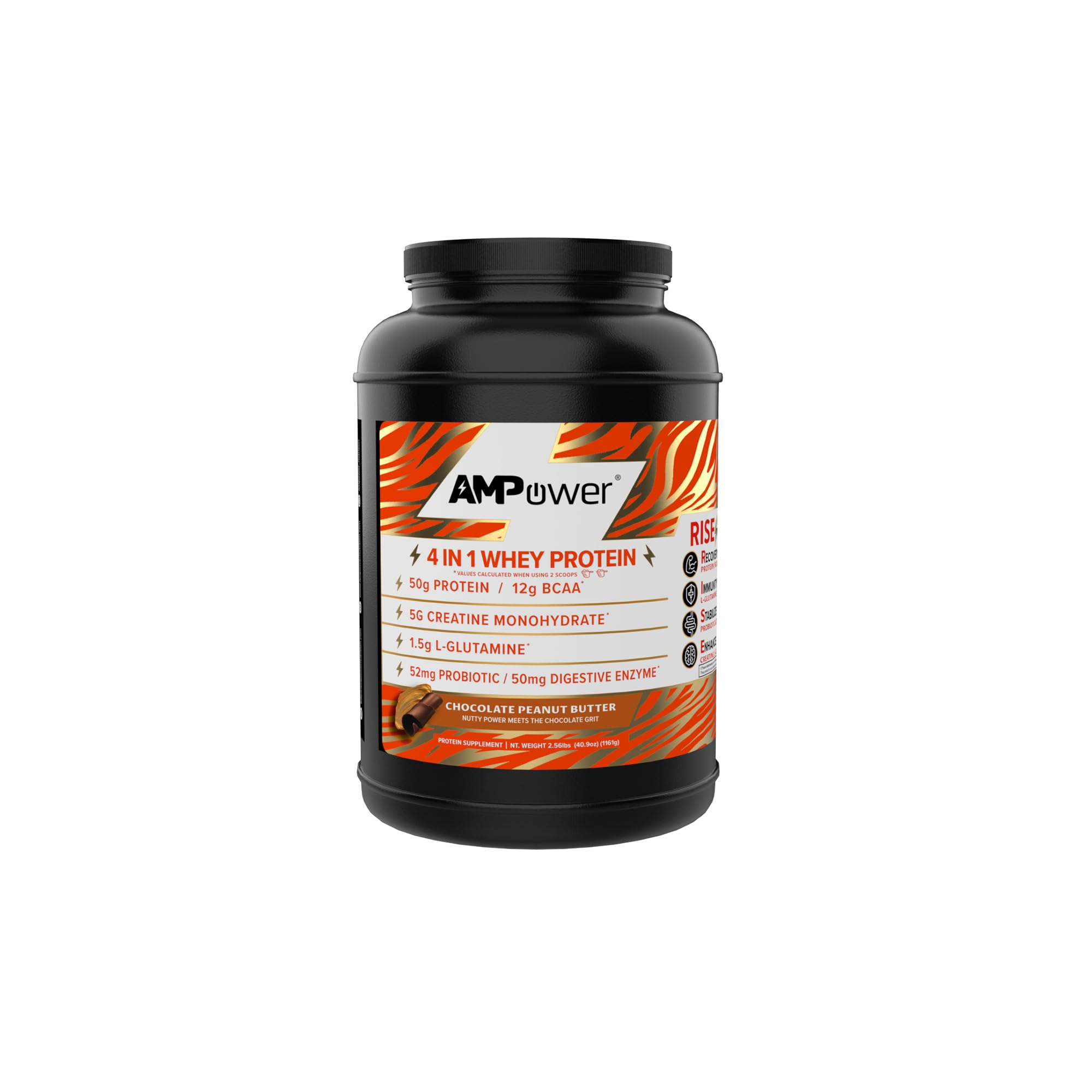 AMPOWER Chocolate Peanut Butter Whey Protein bottle for post-workout recovery