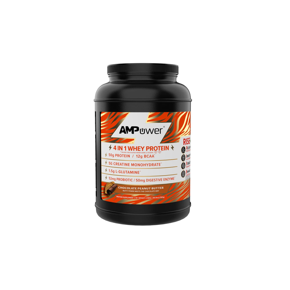 AMPOWER Chocolate Peanut Butter Whey Protein bottle for post-workout recovery