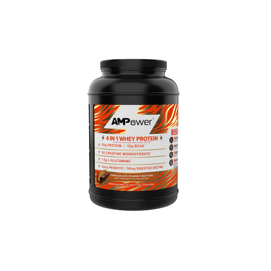 AMPOWER Chocolate Peanut Butter Whey Protein bottle for post-workout recovery