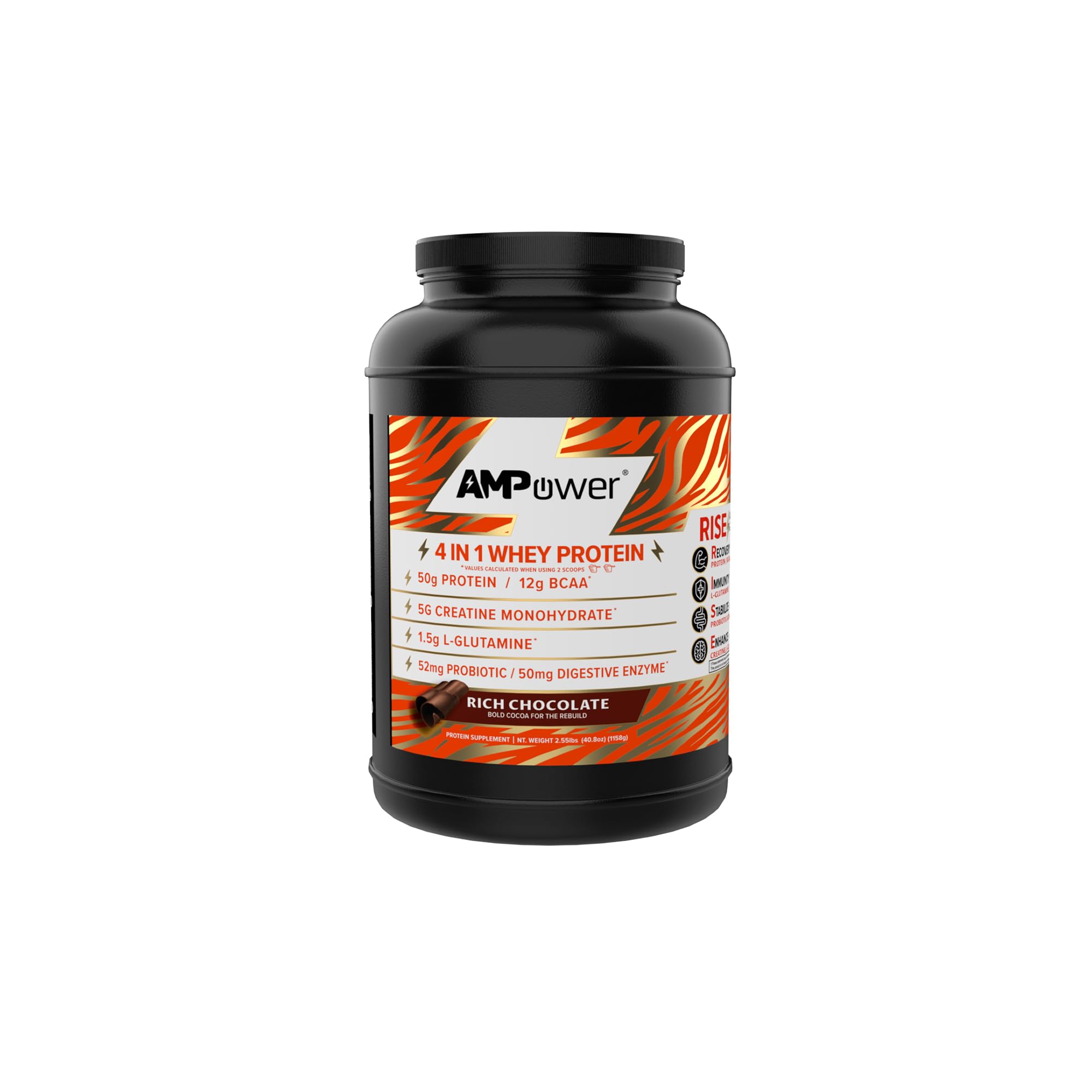 AMPOWER Rich Chocolate whey protein tub front for premium muscle support