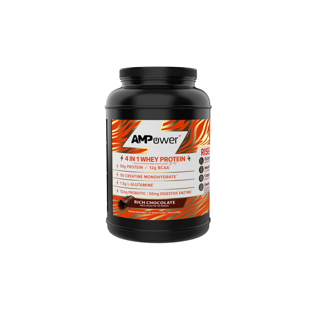 AMPOWER Rich Chocolate whey protein tub front for premium muscle support