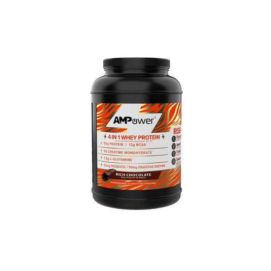 AMPOWER Rich Chocolate whey protein tub front for premium muscle support