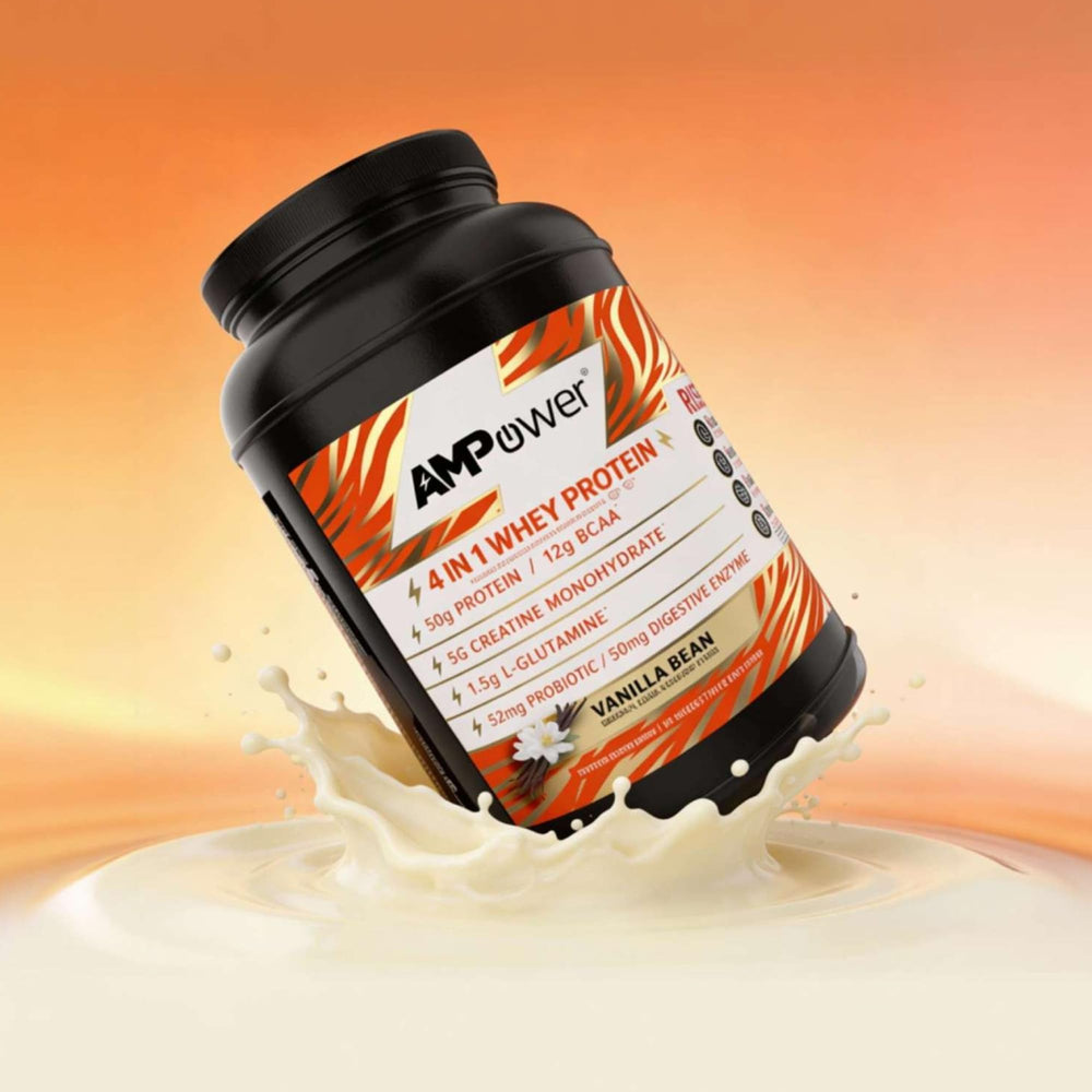 AMPOWER Vanilla Bean Whey nutrition panel indicates protein and enzyme benefits