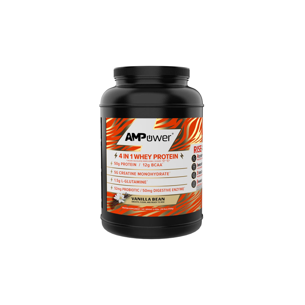 AMPOWER Vanilla Bean Whey Protein Powder bottle shows smooth vanilla flavor for post-workout fuel