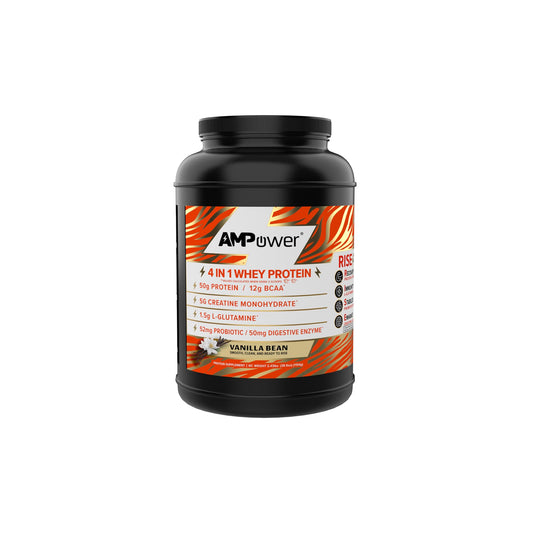 AMPOWER Vanilla Bean Whey Protein Powder bottle shows smooth vanilla flavor for post-workout fuel
