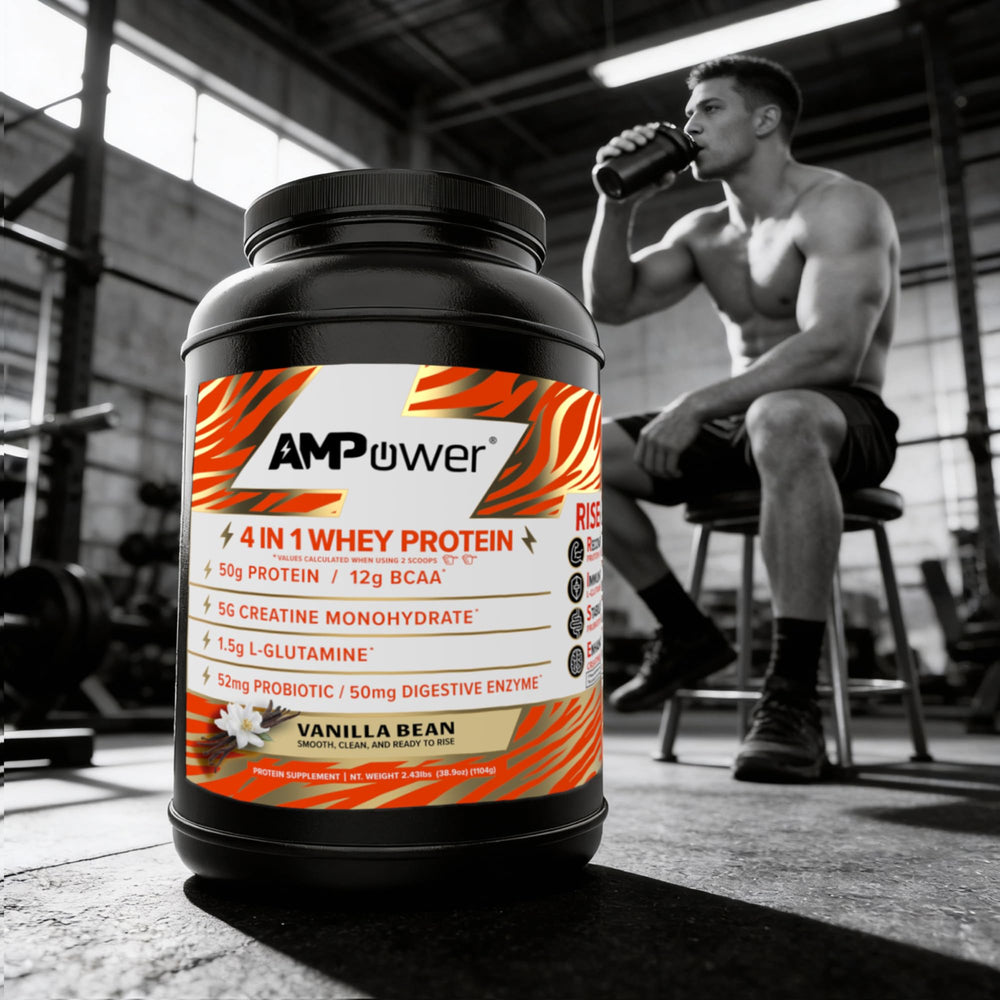 AMPOWER Vanilla Bean Whey shake glass shows creamy texture after blending