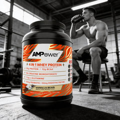 AMPOWER Vanilla Bean Whey shake glass shows creamy texture after blending
