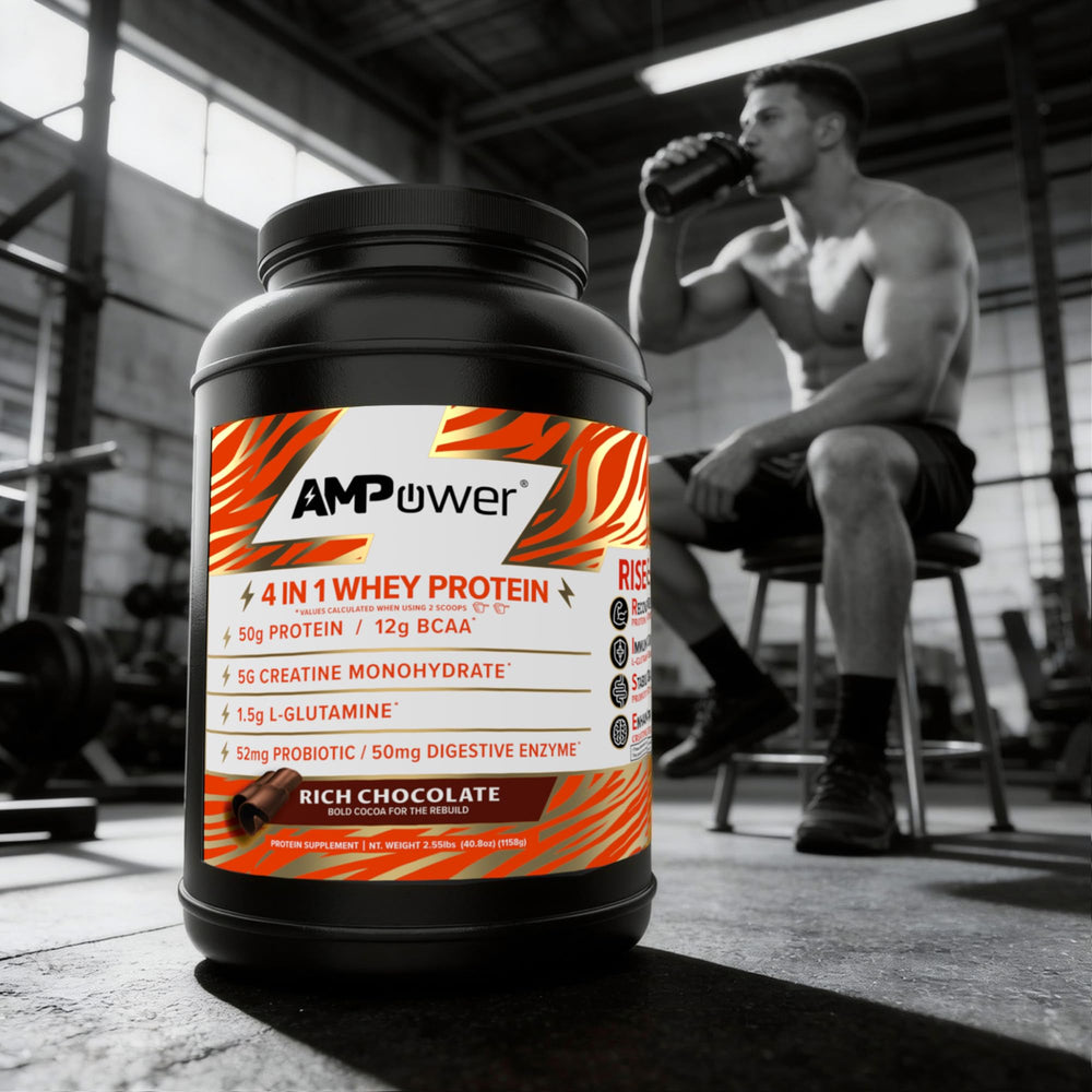 Scoop beside AMPOWER tub shows easy pre- or post-workout dosing