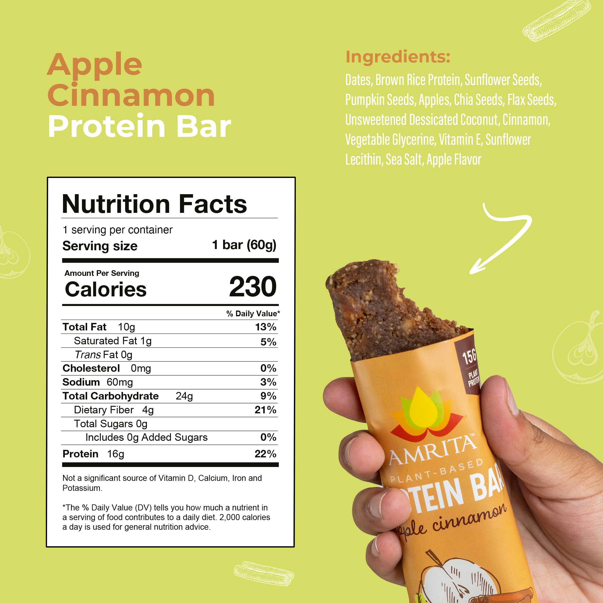 Amrita bars close-up shows apple cinnamon flavor with chewy dates and seeds.
